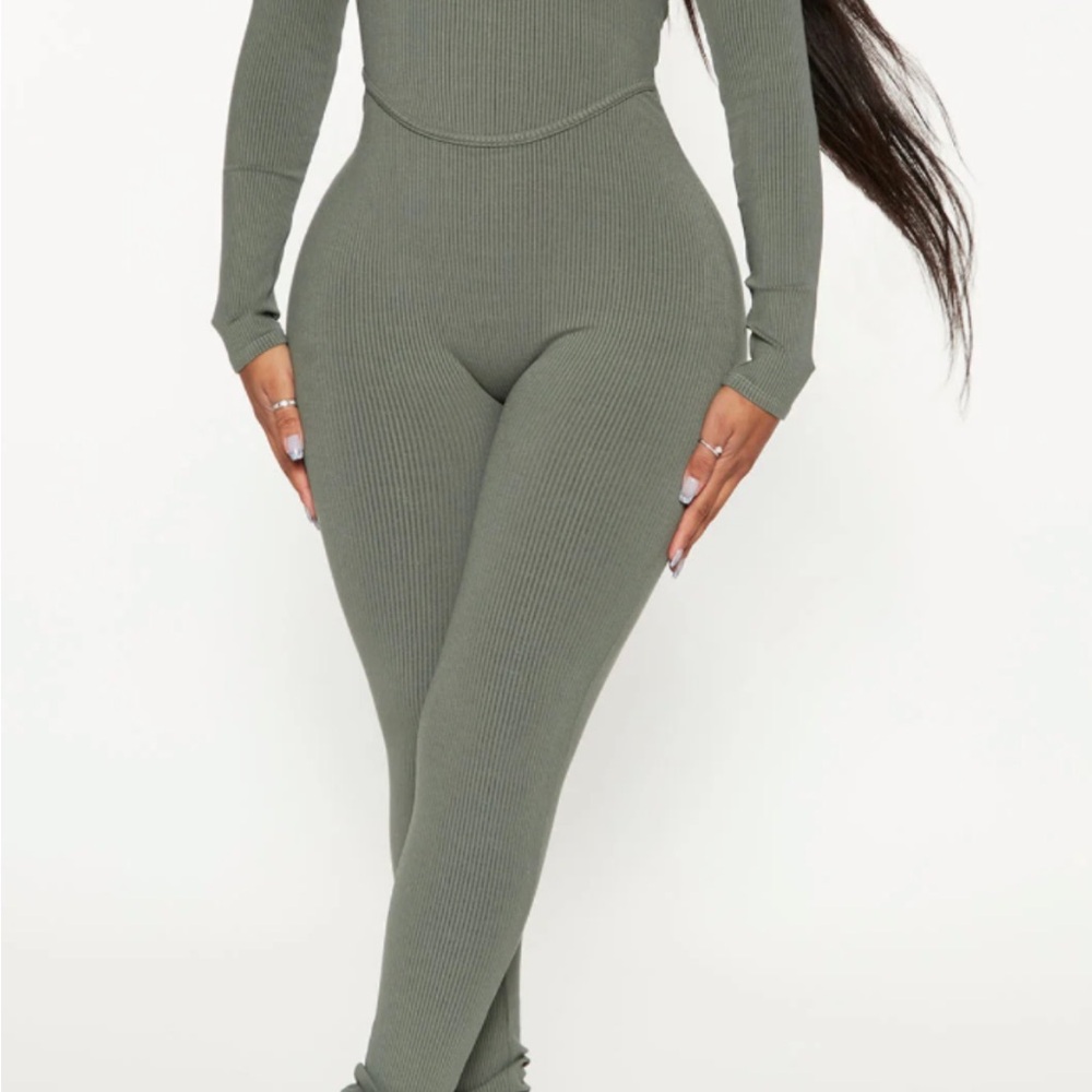 Fashion Nova Sage Ribbed Jumpsuit